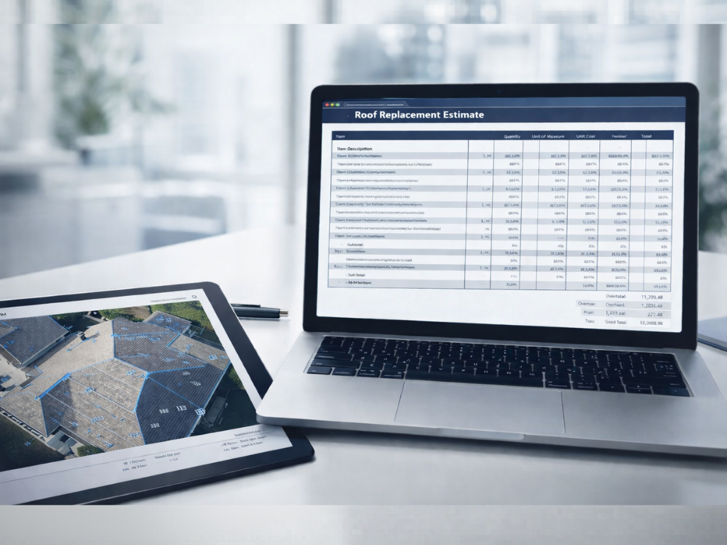 Modern office setup with laptop displaying roof replacement estimate in Xactimate style and tablet showing satellite roof measurement with CAD overlay.